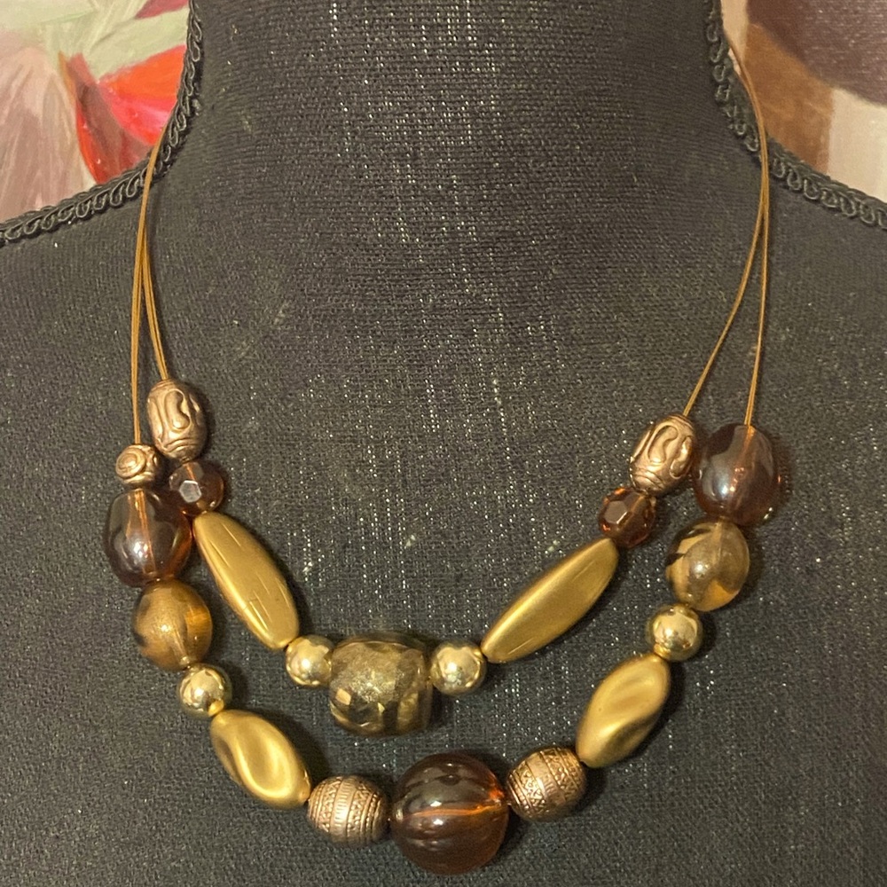 Gold and Brown Two-Strand Beaded Necklace